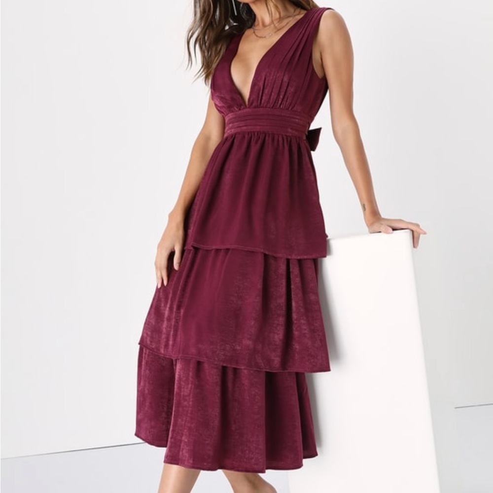 Peak party vibe plum purple satin tiered tie back midi dress